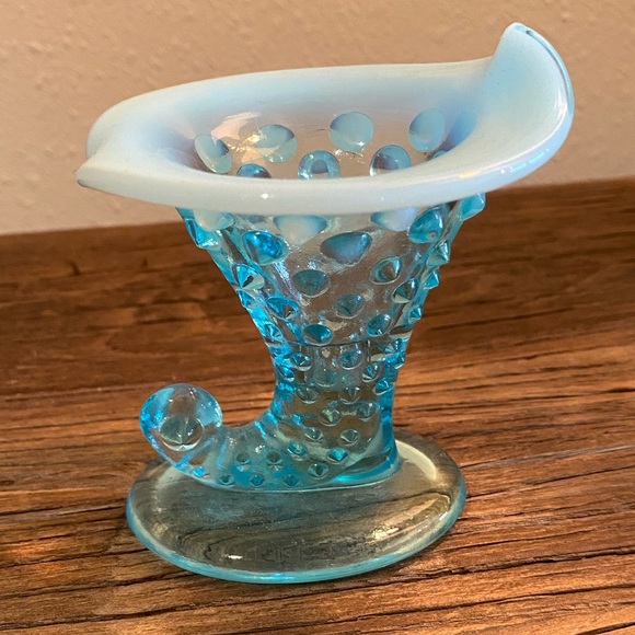 Fenton Other - Fenton Blue Opalescent Hobnail Horn of Plenty 
Small Vase